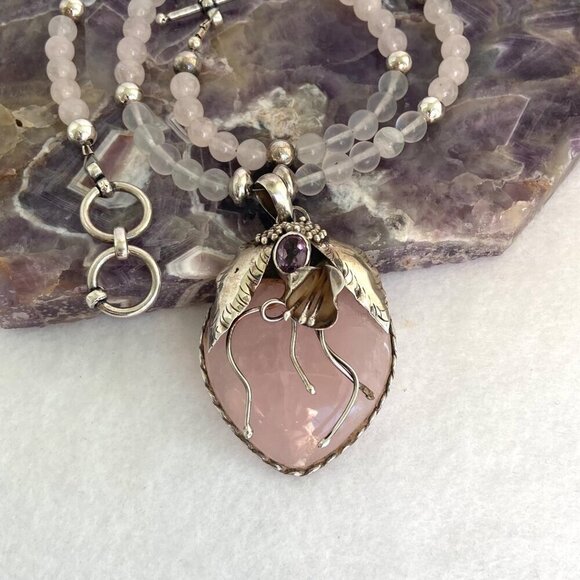 Sterling Silver 925 Modernist Rose Quartz & Amethyst Beaded Pendant Necklace - Picture 12 of 16